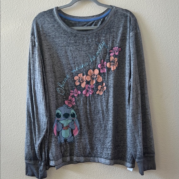 Disney Tops - Disney Gray Long Sleeve Shirt with Stitch and Floral Design